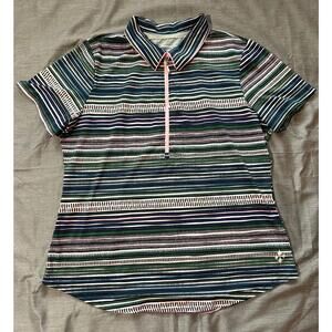 Jofit Womens Size Large 1/2 Zip Short Sleeve Striped Golf Polo Tshirt Pink Green
